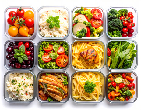 A top-down view of various healthy and delicious meals neatly organized in glass containers for a weekly meal prep routine - Powered by Adobe