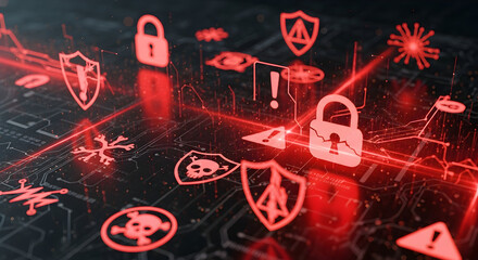 Cybersecurity threat landscape with digital symbols of security breaches and system vulnerabilities