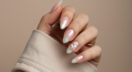 Elegant hand showcasing beautifully manicured nails with a touch of glamour and style
