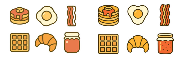 Collection of delicious breakfast food icons including pancakes, fried eggs, crispy bacon, waffles, croissants, and fruit jam