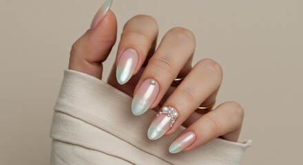 Elegant Hand with Iridescent Manicure Featuring Pearlescent Nails and Subtle Embellishments on a Soft Background