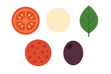 Assortment of fresh pizza toppings including sliced tomato, mozzarella cheese, green basil leaf, spicy pepperoni, and black olive