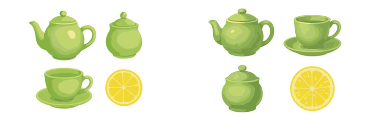 Elegant green watercolor style tea set including teapots, teacups, sugar bowls, and vibrant lemon slices