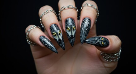 Wolf Nail Art Fierce Design with a Dramatic, Dark, and Edgy Style for a Statement