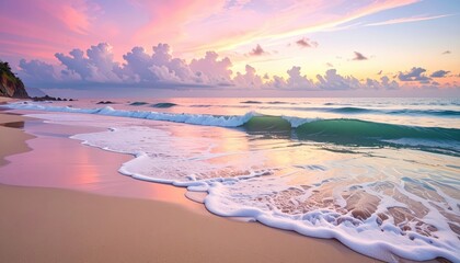 Serene sunrise over a pastel-hued beach, with gentle waves and a soft, dreamlike atmosphere.