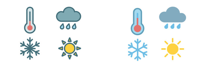 Obraz premium Colorful weather forecast symbols depicting sun, rain, snow, and thermometer for various climate conditions