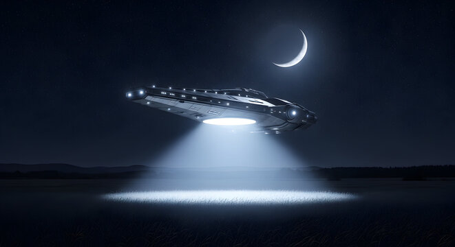 Mysterious ufo hovers over the silent field under a crescent moon casting light beams