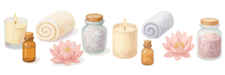 Spa and wellness items including aromatic candles, essential oil bottles, rolled towels, bath salts, and lotus flowers
