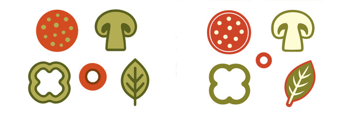 Collection of fresh pizza ingredients featuring pepperoni, mushrooms, bell peppers, onion, and basil leaf