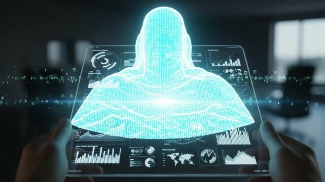 A holographic figure is displayed on a transparent screen, showcasing a blend of data visuals and statistics, highlighting the intersection of technology and human interaction.