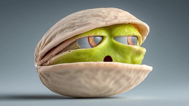 Green and white face made out of a nut. The nut is open and the face is looking at the camera