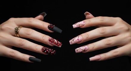 Elegant Hands Showcasing Diverse Nail Art Designs with Intricate Detailing