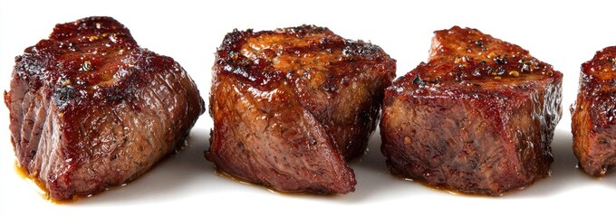 Four small, cooked, seasoned beef cubes arranged horizontally on a white surface