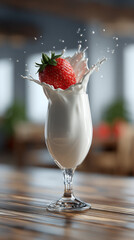 Fresh strawberry splashing into milk glass creating dynamic crown splash effect, red berry dropping in white dairy beverage with water droplets, refreshing fruit drink photography with motion freeze 