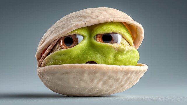 Green and white face made out of a nut. The nut is open and the face is looking at the camera