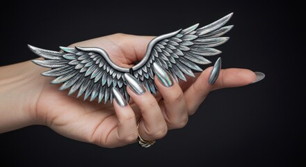 Embrace freedom and elegance metallic wings on a hand with shimmering silver nails