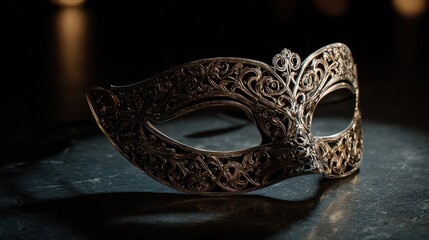 Ornate Venetian Masquerade Mask with Intricate Filigree Detail on Dark Surface