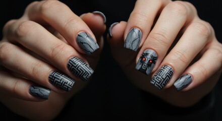 Intricate gray and black nail art with a striking red-eyed creature and circuit board patterns