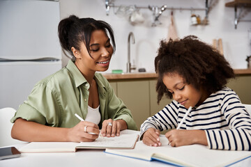 Obraz premium Mom and daughter enjoying creative time together at home, sharing laughter and learning