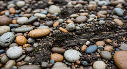 Colorful pebbles and rocks on muddy riverbed, close-up nature scene