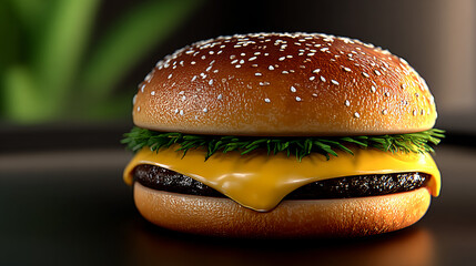 Classic cheeseburger with sesame seed bun and melted cheese on beef patty with pickles, delicious fast food hamburger on dark background, gourmet double patty burger with yellow cheddar slice