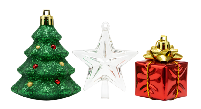 Christmas tree, star ornament, and red gift box with gold bow isolated on white, perfect for holiday decoration and festive design - Powered by Adobe