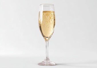 Champagne flute, filled with effervescent drink, against a plain white background.  Glass, clear, stem,  full, bubbles, golden, liquid,  celebration