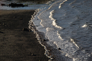 Waves on Black Sand Beach in Iceland at Sunset