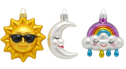 Christmas tree ornaments shaped like sun with sunglasses, crescent moon, and cloud with rainbow and raindrops, perfect for holiday decorating