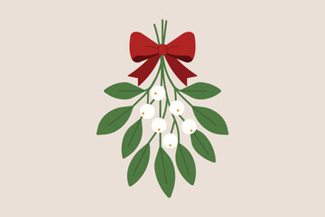 Mistletoe with green leaves, white berries and red bow on beige background, traditional Christmas decoration symbol. Flat vector illustration