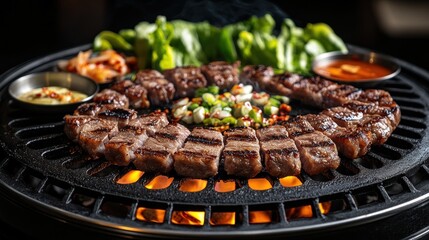 Delicious grilled meat with various sides
