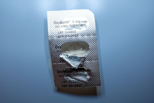 Stockholm, Sweden An Oxy pill and packaging