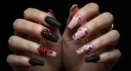Stunning close-up of hands highlighting unique contrasting nail art with bold black and soft floral styles