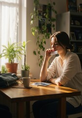 Woman sitting at a wooden table holding a white card, contemplating and looking thoughtful, bathed in natural sunlight.