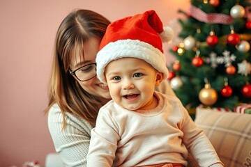 Smiling Baby in Santa Hat on Mother&rsquo;s Lap with Decorated Christmas Tree