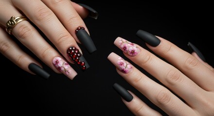 Elegant Matte Black Nails with Floral and Gemstone Accents