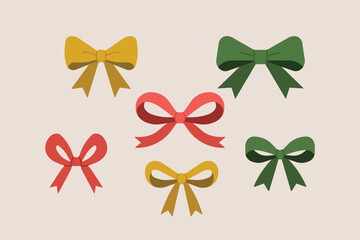 Set of colorful bows in red, green and gold on beige background, festive Christmas ribbons for gifts and decoration. Flat vector illustration