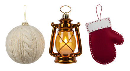 Christmas ornament ball, vintage lantern, and red mitten decoration, cozy holiday decor set for festive winter celebrations