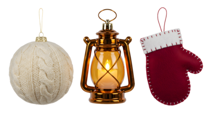 Christmas ornament ball, vintage lantern, and red mitten decoration, cozy holiday decor set for festive winter celebrations