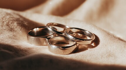 Four gold wedding bands on soft fabric surface