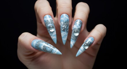 Stunning Blue and White Swirl Nail Art with Water Droplet Accents
