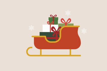 Santa sleigh filled with wrapped Christmas presents and ribbons, surrounded by snowflakes on beige background, festive holiday symbol. Flat vector illustration