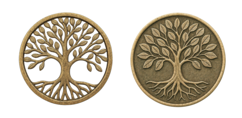 Textured Tree of life symbol separated and engraved on a coin, isolated on transparent background