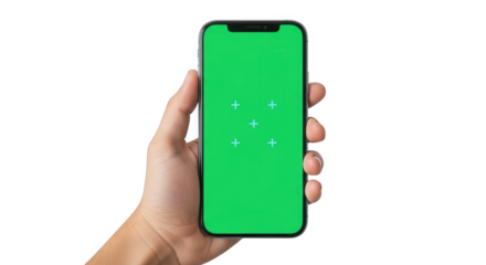 Hand holding smartphone with green screen isolated on transparent background