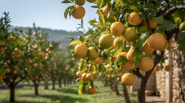 Ripe oranges hanging on citrus trees in sunlight - Powered by Adobe