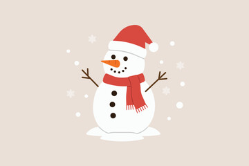 Snowman with red scarf, Santa hat, carrot nose and stick arms surrounded by falling snow on beige background, cheerful Christmas winter character. Flat vector illustration