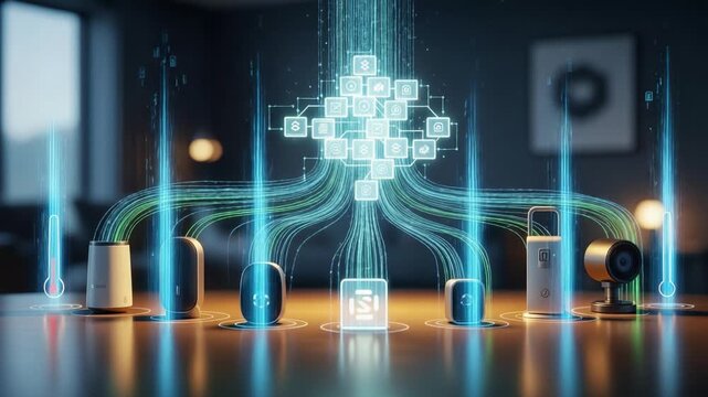 A Futuristic Display of Smart Devices Connected Through Digital Streams, Showcasing the Integration of Technology and IoT in Modern Homes