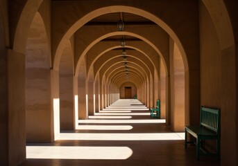 Obraz premium Long arched hallway in adobe pueblo revival style architectural building. Abstract shadow and light pattern on floor.