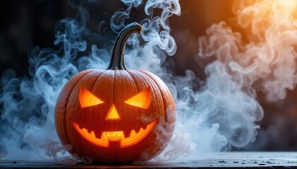 Halloween Pumpkin Glowing in Smoky Atmosphere With Carved Face Featuring Wide Grin and Jagged Teeth