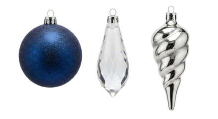 Blue Christmas ornament ball, clear teardrop, and silver spiral decorations isolated on white background, perfect for holiday decor